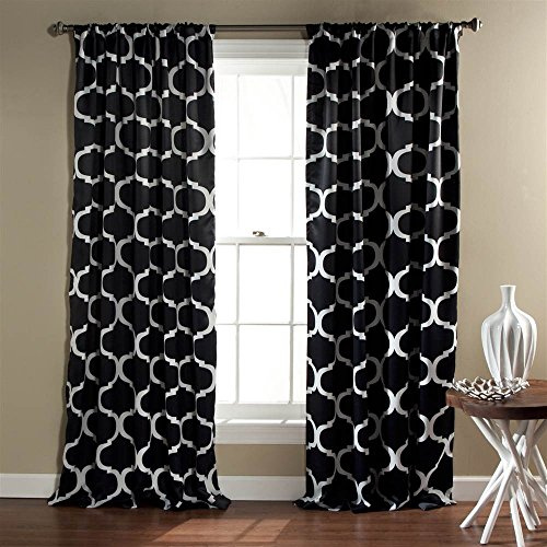 Lush Decor Geo Trellis Curtains Light Filtering Window Panel Set for Living, Dining, Bedroom (Pair), 84” x 54”, Black