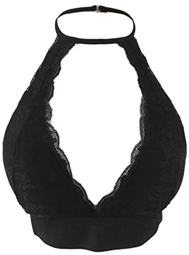 Rtengtunn Reggiseno Senza Spalline Strappy con Scollo a Barchetta Allacciato al Collo Alto in Pizzo Floreale da Donna - Nero