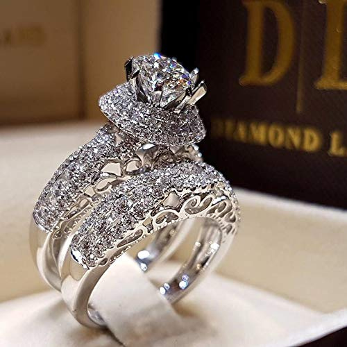 Sdouefos 2 Pcs Retro Luxury Ring Set 925 Sterling Silver Shiny Full Diamond AAA Cubic Zirconia Solitaire Rings Set CZ Diamond Ring Set Eternity Engagement Wedding Band Set (O)