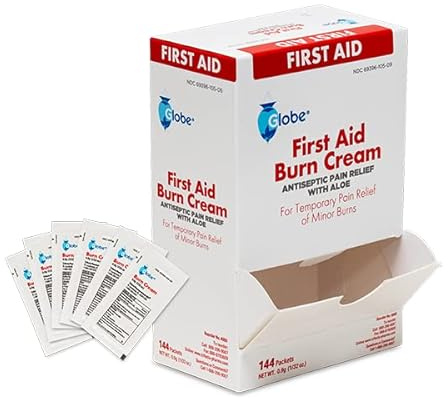 Globe First Aid Burn Cream 0.9g Packets, (Box of 144) Advanced First Aid Cream for Temporary Relief of Minor Burns, Cuts, and Scrapes