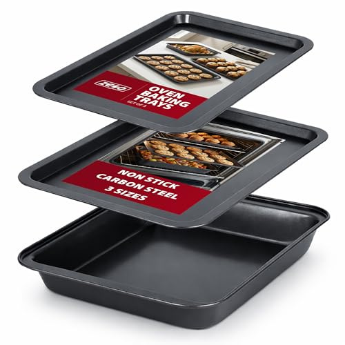 ZENO Baking Trays for Oven Non Stick - 3 Set | Baking Trays for Oven | Cooking Tray for Ovens | Durable Carbon Steel Pan | Non-Stick Coating | Cooking and Roasting | Dishwasher Safe