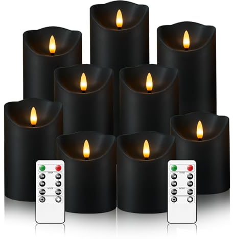 Nimiko Flameless Candles with Remote, Battery Operated Flickering Flameless Candles, LED Candles with Timer 2/4/6/8H, with Realistic LED Candles Set of 9 (D3 x H 3 4 5 6 7) (Black)
