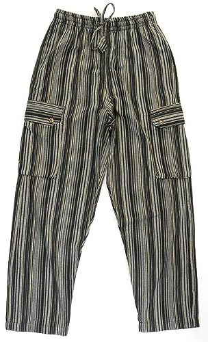 Purity Style Colourful Bright Stripe Relaxed fit Unisex Cotton Hippy Trousers - Black Stripe - Large