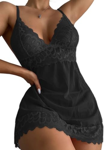 Yutdeng Lingerie Babydoll Nightwear Set for Women with Thong Lace Chemise Sleepwear Deep V Dress Sexy See Through Outfits Women UK Naughty Underwear Sets Bedroom,Black,L