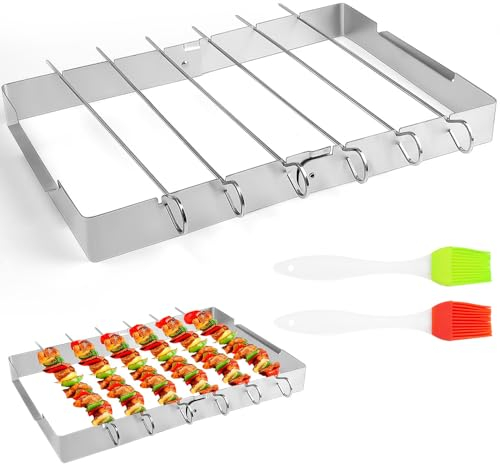 KARBAG Barbecue Skewers and Rack Set, BBQ Kebab Rack Stainless Steel Barbecue Rack with 6 BBQ Skewers Foldable Shish Kebab Rack Reusable BBQ Skewer Set and Rack Barbecue Accessories with 2 Oil Brush