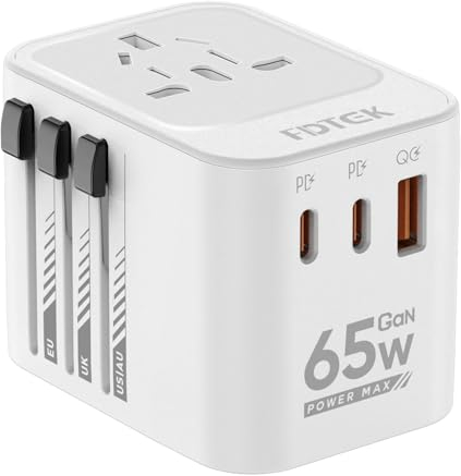 FDTEK 65W Reiseadapter Weltweit, Universal Reisestecker Adapter mit 2 USB-C, 1 USB-A und 1AC Steckdose, Internationaler Steckdosenadapter, Travel Adapter für Europa USA Mexiko Australien 200+ Ländern
