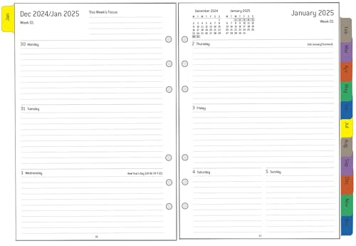 2025 Diary Refill A5 Size, Weekly & Monthly Planner Inserts, 1 Week on 2 Page with Tabs, Extra Budget, Notes, Contact, UK Holidays, Thick Paper 100 gsm, Jan.2025-Dec.2025, A5 Size(14.5 x 21 cm)