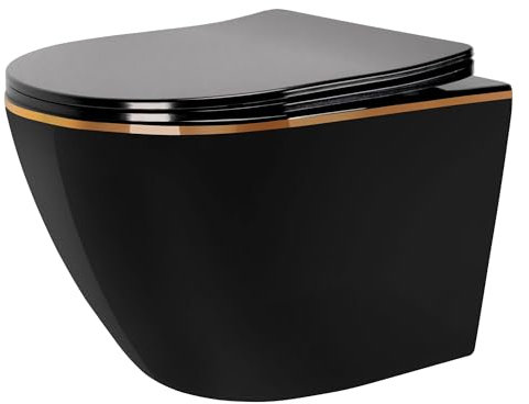 Rea WC suspendu CARLO Mini sans rebord Duroplast plat noir bord doré en céramique sanitaire de salle de bain siège Duroplast (noir mat)