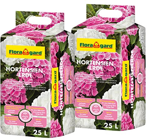 Floragard Terreau pour Hortensias Roses-Blancs, pour la Plantation et Le Rempotage, Optimal pour Massifs et Pots - 2x25 L