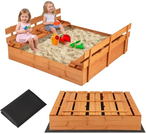 RELAX4LIFE Sabbiera con 2 Panchine per Bambini in Legno, Sabbiera con Coperchio, Sandbox per Giardino, Patio e Cortile 125 x 118 x 42,5 cm