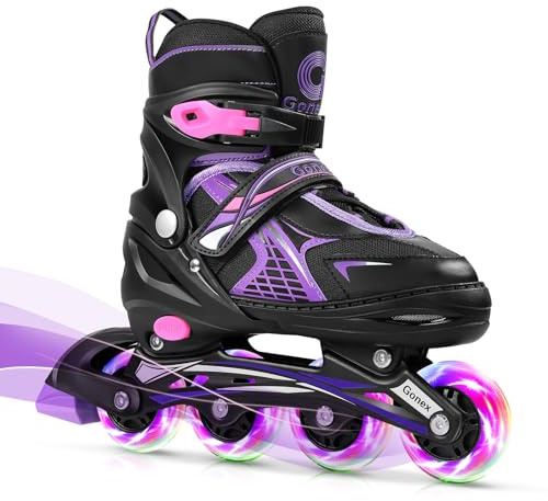 Gonex Pattini in Linea Regolabili per Bambini/Adulto con Ruote Luminosa, Inline Skates per Bambina Ragazzo Adulti Donna (Taglia EU 31-34), Viola