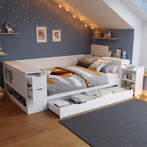Cayipng Holzbett, Kinderbett, Bettkasten 140 x 200 cm, Schlafsofa, Multifunktionsbett mit Schubladen, Regalen und Schränken, mit Nachttischen, ohne Matratze, weiß