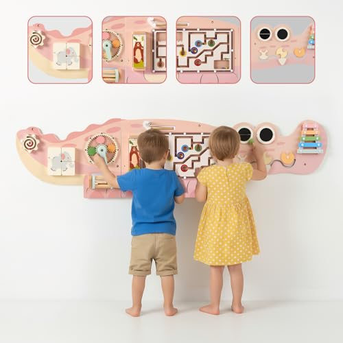 Kalyfhng - Cuadro de actividades para pared de cocodrilo, panel de madera con engranajes, perlas, xilófono, centro de actividades de despertar 9 en 1 para niños pequeños, mesa de actividades