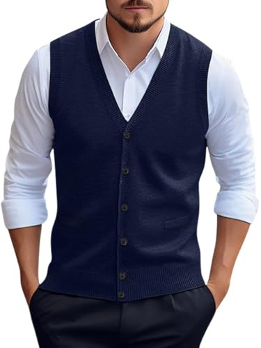 Oanviso Pull et Gilet Tricot Homme Cardigan sans Manches Col en V Chandail Pull-Over Tricoté élégant D'affaires Débardeurs avec Boutons A Bleu XL