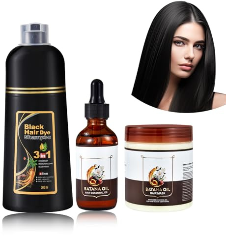Kit de Tinte para Cabello Negro: Champú Teñedor 500ml + Acondicionador con Aceite de Batana 50ml + Mascarilla Capilar 300g, Champú Anti-Canoso, Conjunto de Cuidado Capilar Unisex