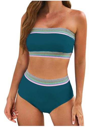 Swim Two Piece for Women UK Ladies Strapless Swimming Costume Strapless Swimsuits Boho Hawaiian Bikini Sets Solid High Waisted Bathing Suits Solid Tube Modest Swimming Suits