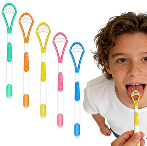 Set da 5 Pezzi Puliscilingua Professionale, Raschietto per Lingua in 5 Colori per Famiglia, Detergente Orale per Alito Fresco, Rimuove Batteri e Patine, Design Ergonomico