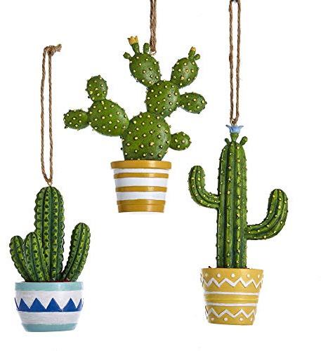 Kurt Adler E0309 Holiday Decorative Cactus in Detailed Designed Pots Hanging Christmas Tree Ornament Set with Twine Rope Hanger (3 Pack)