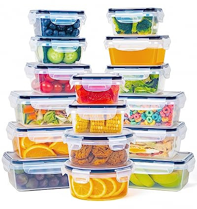 FOOYOO 32 Piece Food Storage Container with Lids (16 Containers + 16 Lids) - Plastic Food Containers with Lid, Airtight Leak Proof Snap Lock, BPA Free Storage Containers