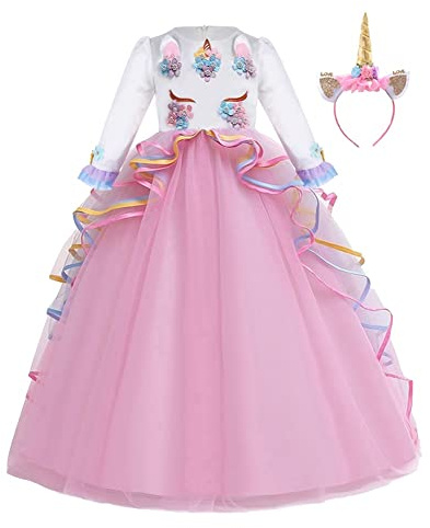 CinheyU Niñas Disfraz de Carnaval Manga Larga Vestido de Unicornio Princesa Cumpleaños Boda Fiesta de Cosplay para Chicas Navidad Bautizo Comunión Flor Vestidos de Baile con Diadema Rosa 4-5