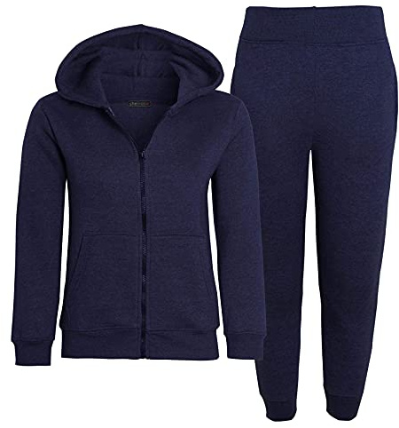 shelikes Kids Tracksuit Plain Fleece Hooded Zipped Top With Bottom Joggers Jogging Suit Outfit Set For Girls Boys Children Age 5-14 Years