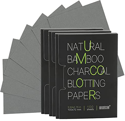 Mirucoo 300 Count Natural Bamboo Charcoal Blotting Papers Organic Facial Oil Absorbing Sheets for Oily Skin Care Daily Oil Control Linen Tissues (100 PCS/PK, 3 PKS)