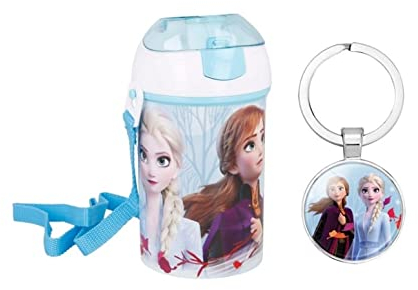 OM SUPPLIES Frozen II Blue Forest Pop Up Water Bottle Drink Bottle Flask with Neck Cord for Easy Carry School Lunch Kids Childrens 450ml Includes Frozen Keychain