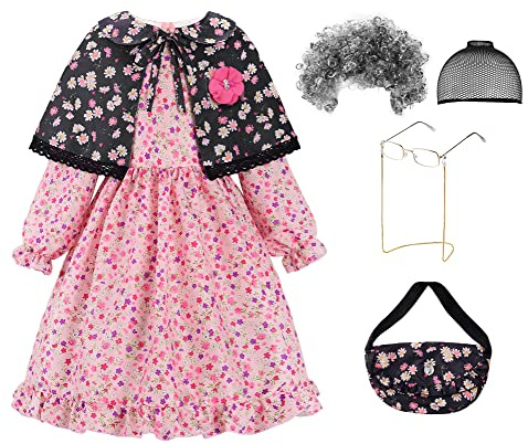 ReliBeauty Costume Nonna Anziana Vestito Bambina con Accessori 100 Giorni di Scuola Halloween Carnevale, 120