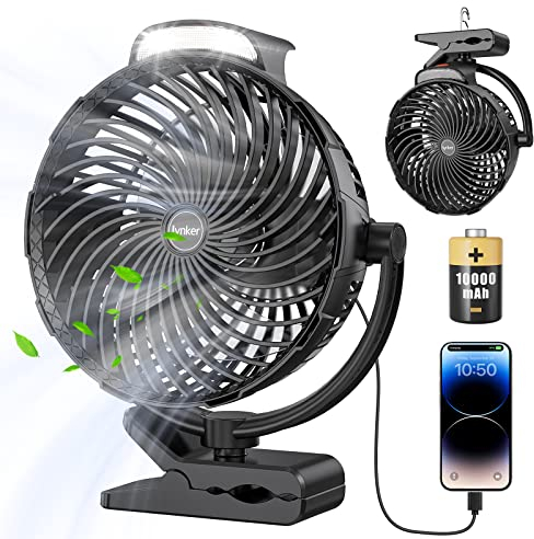 lynker Mini Ventilateur Portable de Bureau Ø20cm, 3 in 1 Pince Ventilateur USB avec Rechargeable Batterie 10000mAh, Ventilateur Silencieux avec Lumière LED, 10 Vitesses, 360° Rotation