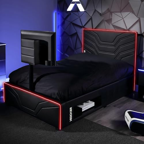 X-Rocker Oracle RGB Gaming Bed with Rotating TV Mount and Neo Fibre LED Lighting, Storage and Cable Management, Double 4ft6 Low Sleeper Bedstead, Faux Leather Upholstery, 55 TV, for Kids - Black