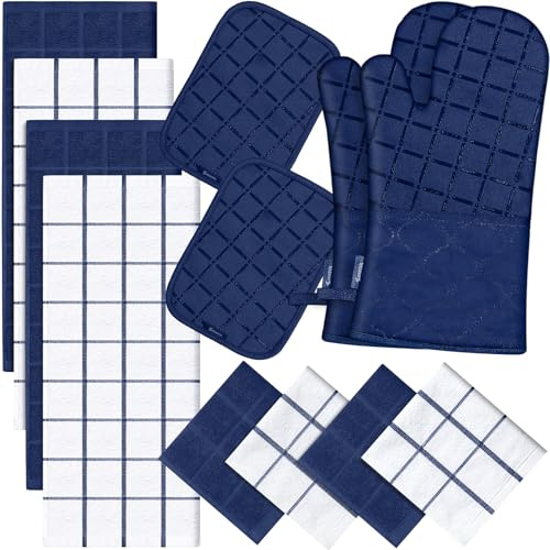 Oven Mitts Pot Holders Sets/Kitchen Towels and Dishcloths, Oven Gloves Kitchen Dish Towels 500 Degree Heat Resistant Potholders with Non-Slip Silicone Surface for Cooking, Grilling, Baking-Marine Blue