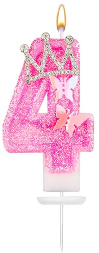 Velas Número 4 con Purpurina Rosa, Corona, Mariposa y Diamantes - 7,3cm para Cumpleaños y Aniversario