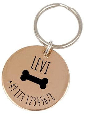 FELLSOCKE Personalisierte Hundemarke aus Edelstahl - 25mm | 30mm | 35mm, Individuell gravierbar, Robuste Tiermarke, Dogtag Anhänger Hunde, Pferde, Katzen & Welpen (Roségoldfarben, 25 mm)