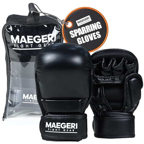Maegeri MMA Sparring Gloves for Men & Women – Open Palm Hybrid Training Gloves with Extra Padding & Thumb Guard – 18” Wrist Wrap for Stability – Martial Arts Gear for Grappling & Bag Work (L/XL)
