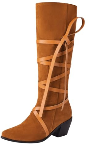 Generisch Femmes Milieu Bottes Hiver Bottes Mode Motif Talon Solide Rétro Pansement Décoratif Confortable Chaussures Filles Taille 34, jaune, 37 EU