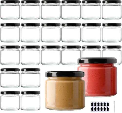 YBCPACK 24 vasetti in vetro da 150 ml con coperchio a vite – Barattoli per marmellata ermetici e riutilizzabili, resistenti alla lavastoviglie, con etichette e penna per marmellata, miele, ya