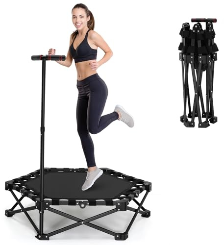 Fitness-Trampolin, tragbares 101 cm/39,76 Zoll faltbares Rebound-Trampolin,leises Design,Tragkraft 200 kg, Verstellbarer Griff,5-Gang-Höhenverstellung, für Heimtraining von Erwachsenen (Schwarz-L)