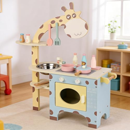 Cuisine Enfant en Bois - Design Girafe Jouet d'imitation avec Évier INOX Four Planche à Découper et 11 Accessoires Jeu Éducatif Montessori pour Tout-Petits 3-6 Ans