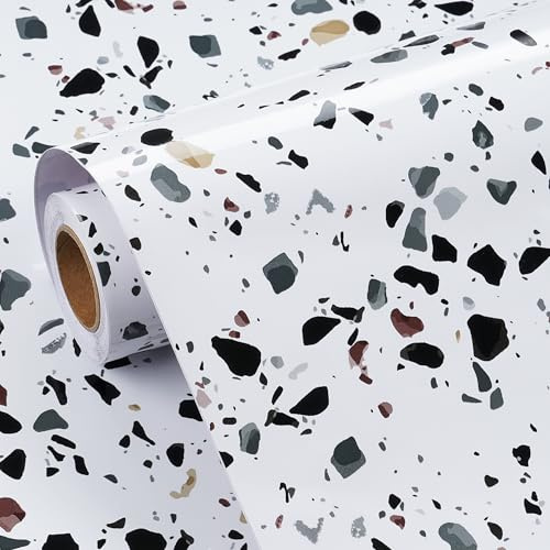 FunStick 60CMx5M Carta da Parati Adesiva Mobili Bianca Effetto Terrazzo Carta Adesiva per Mobili Cucina Marmo Pellicola Autoadesiva per Armadio Piano di Lavoro Cucina Rivestimento Bianco Scrivania