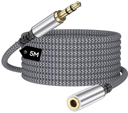 layajia Rallonge Jack 5m, Câble Jack Audio Stéréo AUX Rallonge 3,5mm Mâle vers Femelle Extension Connecteur Métallique Nylon Tressé Compatible avec Smartphone Tablette Casque HiFi Récepteur