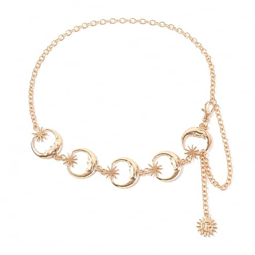 Cadena de cintura para mujer con colgantes de sol y luna, cinturón de cadena de metal ajustable, joya de cuerpo vintage para combinar con jeans vestido o bikini