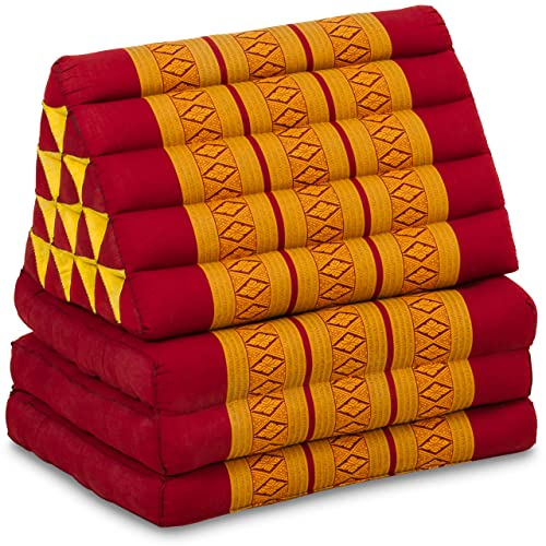 livasia Thaikissen 3 Auflagen extrahoch - 185x55x8cm - Dreieckskissen mit Klappmatratze, Kapok, Jumbo Rückenkissen faltbar, Thaimatte Klappen, handgefertigt, Meditationskissen (Rot/Gelb)