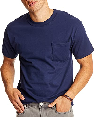 Hanes Mens Beefy-t Pocket T-shirt, Heavyweight Cotton Tee For Men, Full-cut 1 Or 2 Pack Fashion-t-shirts, Navy - 1 Pack, Medium US