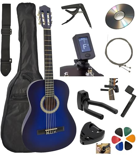 AMBRE Pack Guitare Classique 3/4 (Enfant 8-12 ans) + 10 Accessoires (Housse, Support Mural, Accordeur, Sangle, Capodastre, Cordes, 6 Médiators, Boîte, Manivelle) + Cours Vidéo & CD (Bleu, 3/4, Droit)