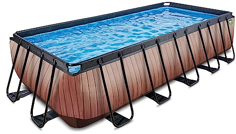 EXIT Toys Wood Pool - 540x250x122cm - Grande Piscina Rettangolare con Telaio e Pompa a Cartuccia Filtrante - Piscina Più Profonda - Telaio Robusto - Inclusa Scala per Piscina - Design Unico - Marrone