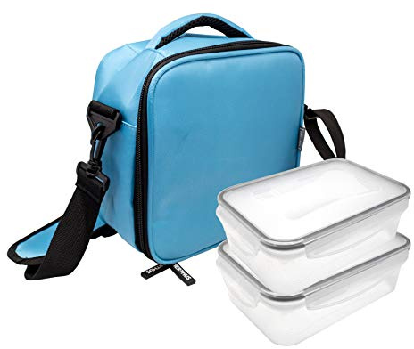 NERTHUS FIH 689 Lunch Bag Azul Claro + 2 Herméticos de 500 ml y 1000 ml, 2 herméticos Mediano y Grande, 22 x 22 x 12 cm