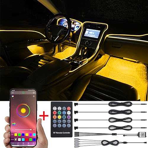 TABEN Kit de iluminación Ambiental para el automóvil, 4 en 1 con iluminación de Fibra óptica para los pies de 5 m, Control Remoto Activo de Sonido de Ritmo Musical y Control de aplicación Bluetooth