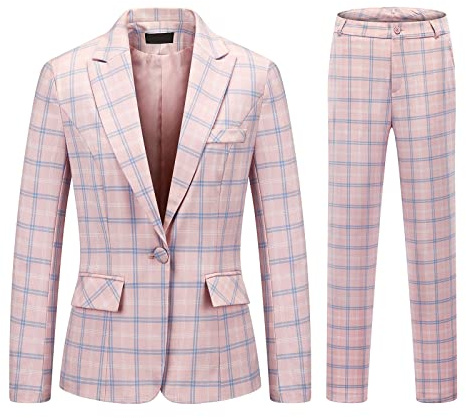 Womens 2 Piece Plaid Suits Set Business Office One Button Blazer Jacket Casual Long Sleeve Pant Suit Set(Pink,Large)
