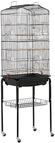 Yaheetech Gabbia Voliera per Uccelli Pappagalli Inseparabili in Ferro con Piedistallo Tetto Apribile 46 x 35 x 150,5 cm Nera