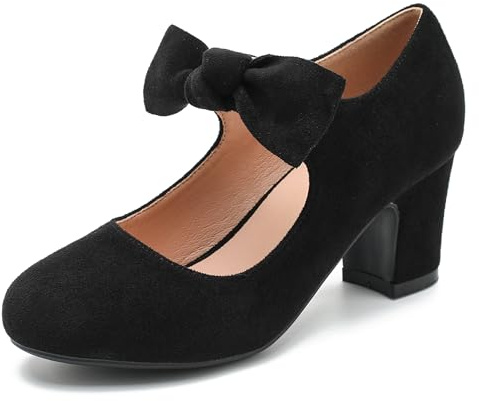 Women's Bow Mary Jane Low Block Chunky Heels Pumps Round Toe Low Heels Ankle Strap Wedding Dress Evening Party Shoes Black Suede 38-7US
